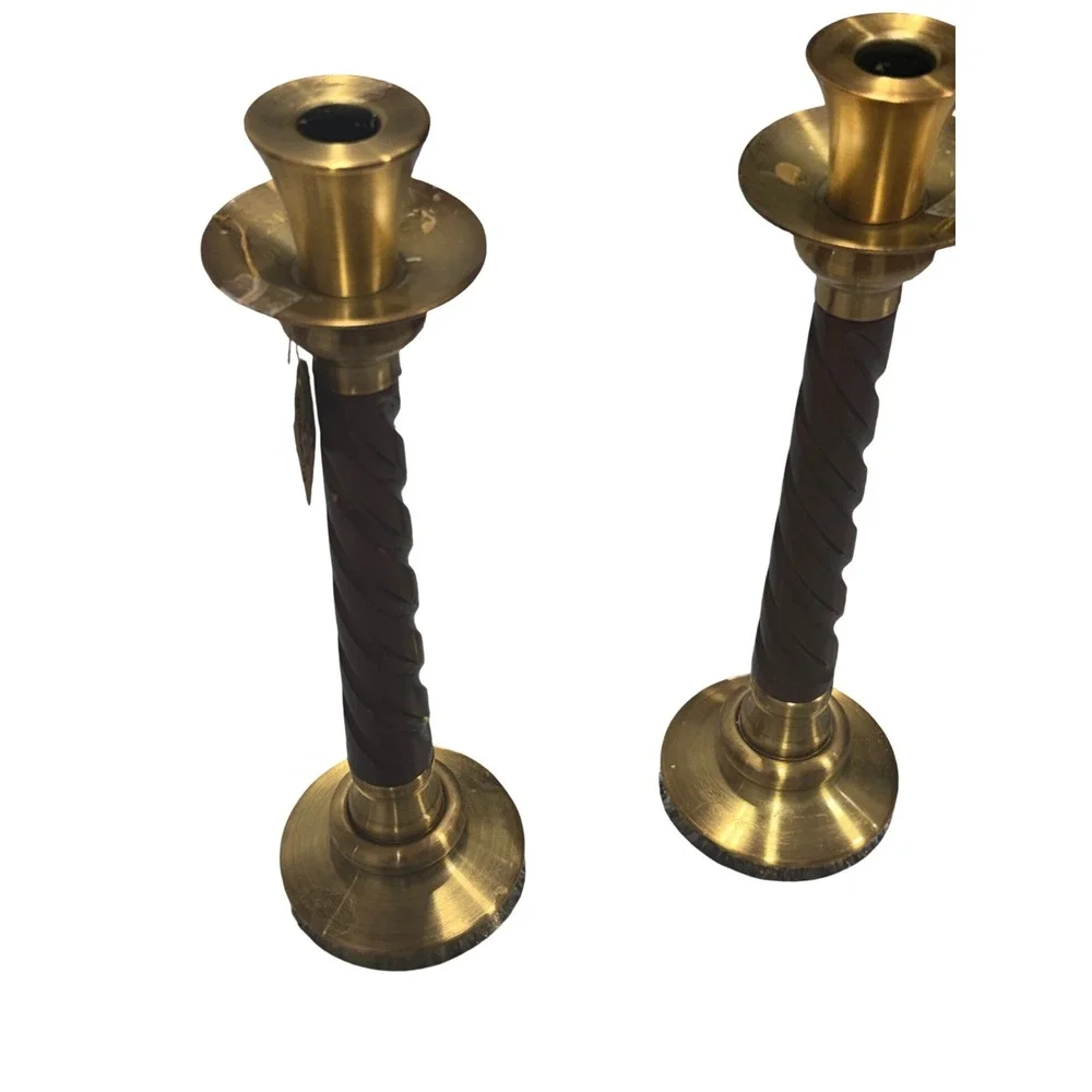 Vintage Brass and Barley Twist Wood Taper Candlestick Holders Pair 9 Inch